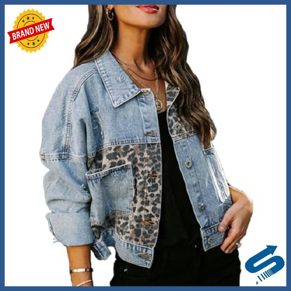 Distressed Denim Jacket with Leopard Patchwork, Button Down, Long Sleeve - Picture 3 of 7